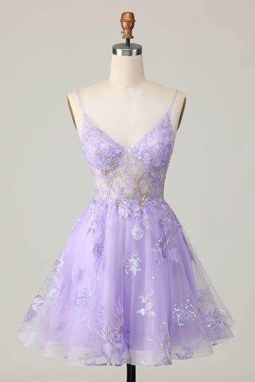 Sparkly Purple A Line Tulle Homecoming Dress with Appliques